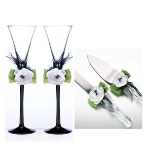 Lillian Rose Wedding Cake Knife Server Set Champagne Flutes Toasting Glasses